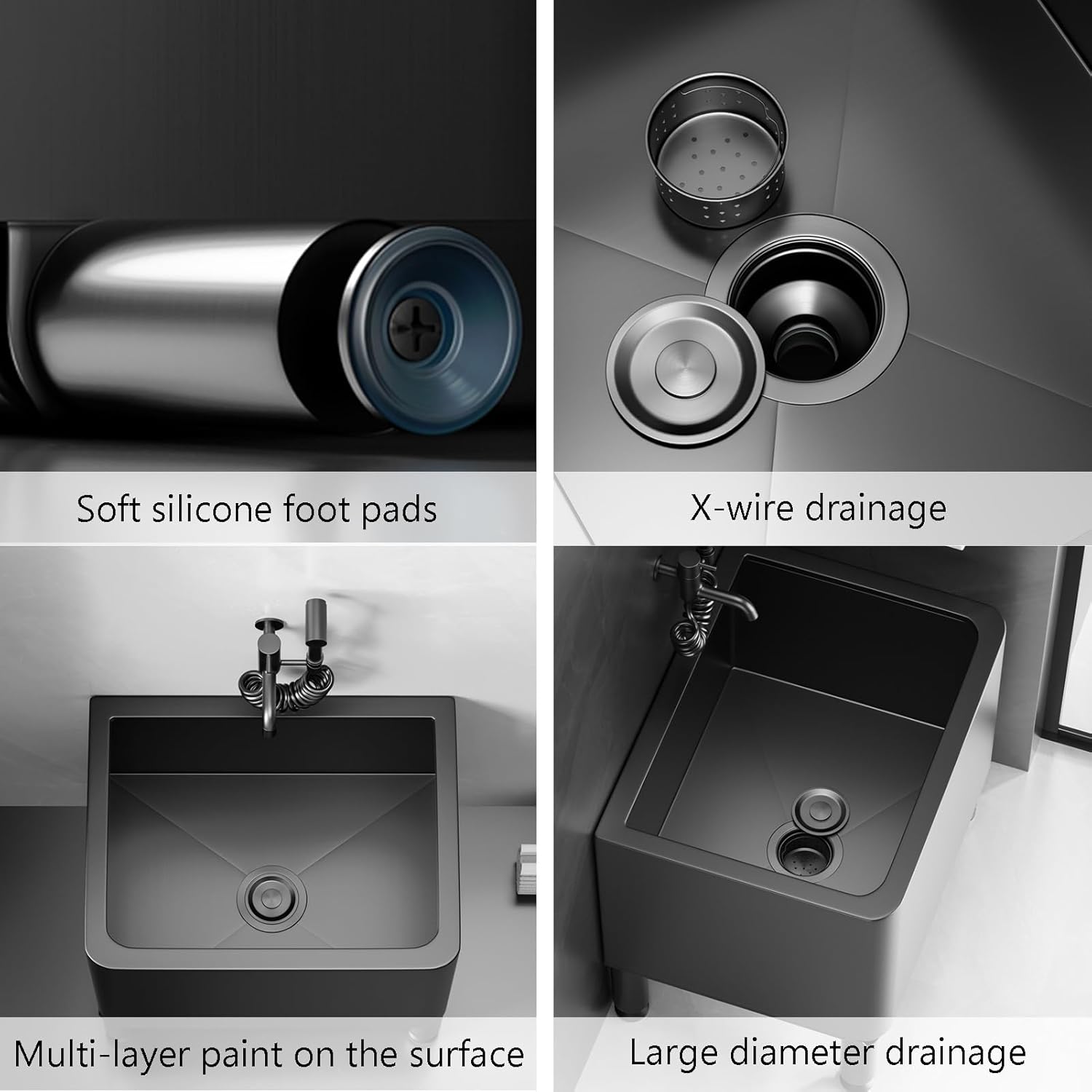 Stainless Steel Sink, Mop Service Basin, Utility Tub Mop Bucket, Commercial Mop Sink, Freestanding Wash Station for Kitchen Restaurant Garage Laundry Room(Black,A-50x38x46cm)