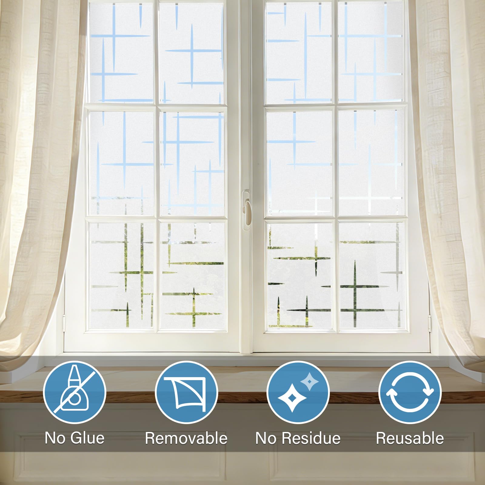 Finnez Película esmerilada no adhesiva para ventana, película de privacidad para ventanas de vidrio, autoestática, decorativa, se adhiere a la ventana para el hogar, oficina, protección UV, patrón