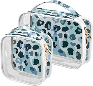 Leopard Print Blue 2 Pack Clear Toiletry Bag Set TSA Approved Waterproof Travel Makeup Bag Airplane Compatible