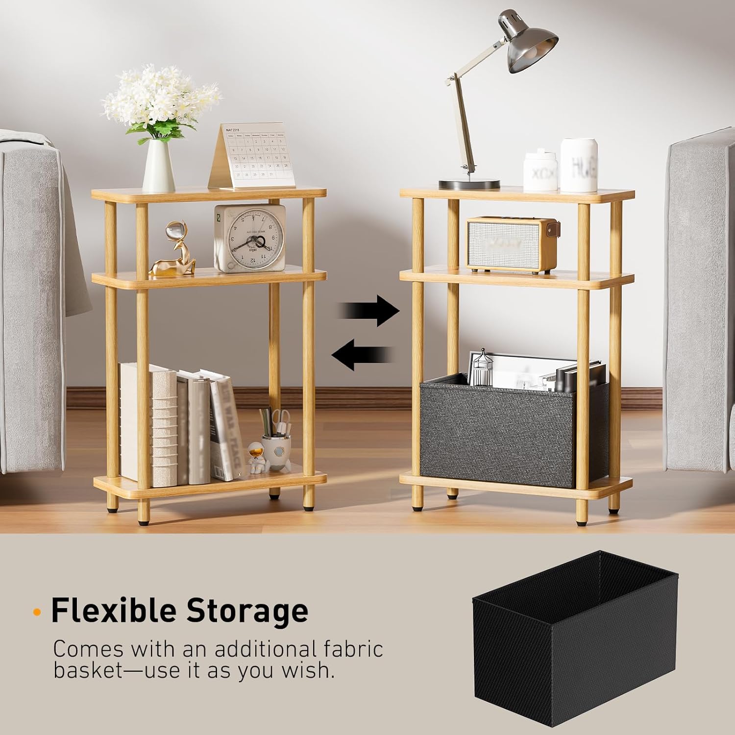 THUMEYE Narrow Side Table with Fabric Basket, 7" Wide, 3 Tier Skinny End Table with Wood Legs, Slim Nightstand/Bedside Table for Small Spaces, with Adjustable Feet, 15.7" L x 23" H