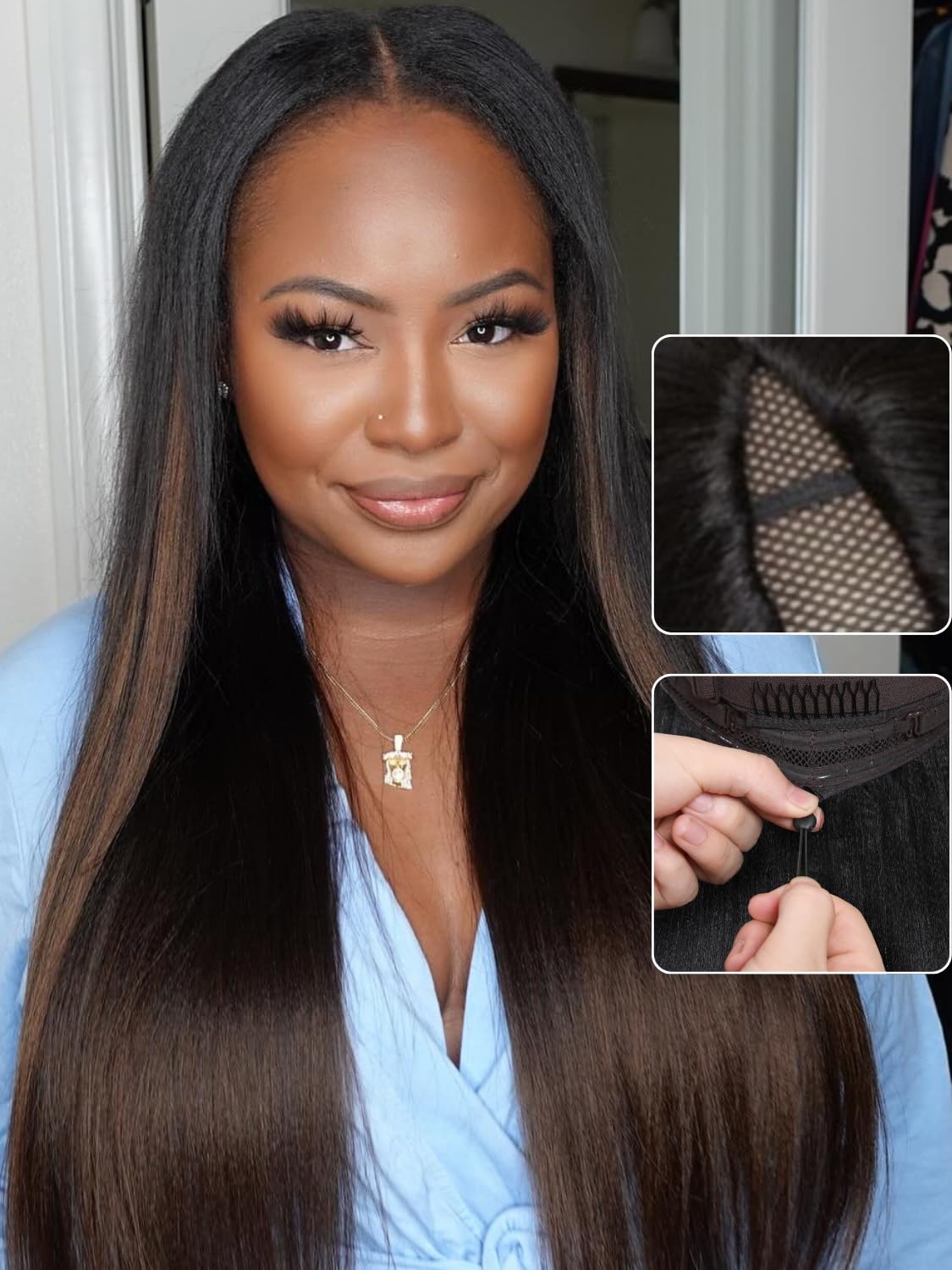Nadula EasiContour Yaki Straight V Part Wig Human Hair with Drawstring No Leave Out Black to Chestnut Brown Ombre Highlight Clip in Vpart Wig,Glueless