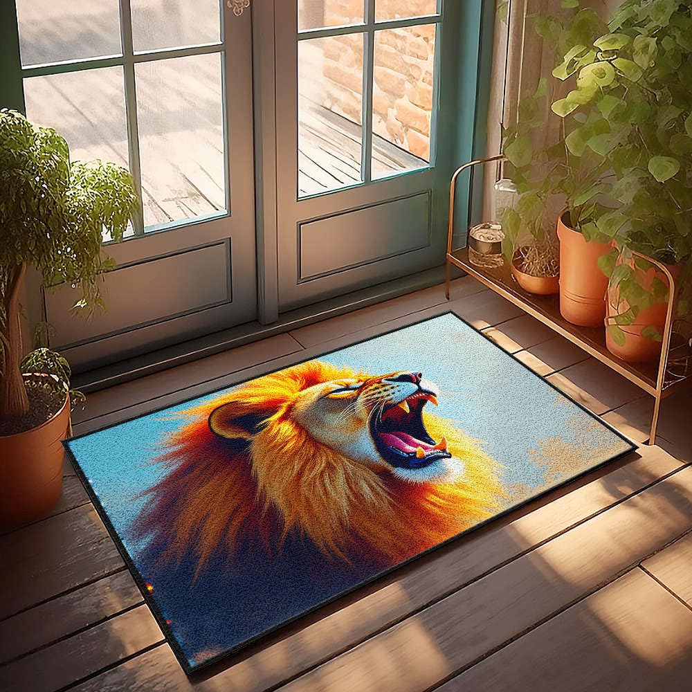 Tapis de porte d'automne lion rugissant avec crinière vibrante inspirant