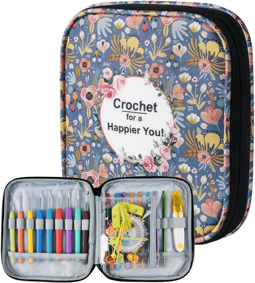 Crochet Hook Case,Portable Zipper Storage Organizer Bag for Crochet Hooks, Knitting Needles, Project & Sewing Supplies, Lightweight,Easy to Hold (No Accessories Included).Blue Cartoon Flower