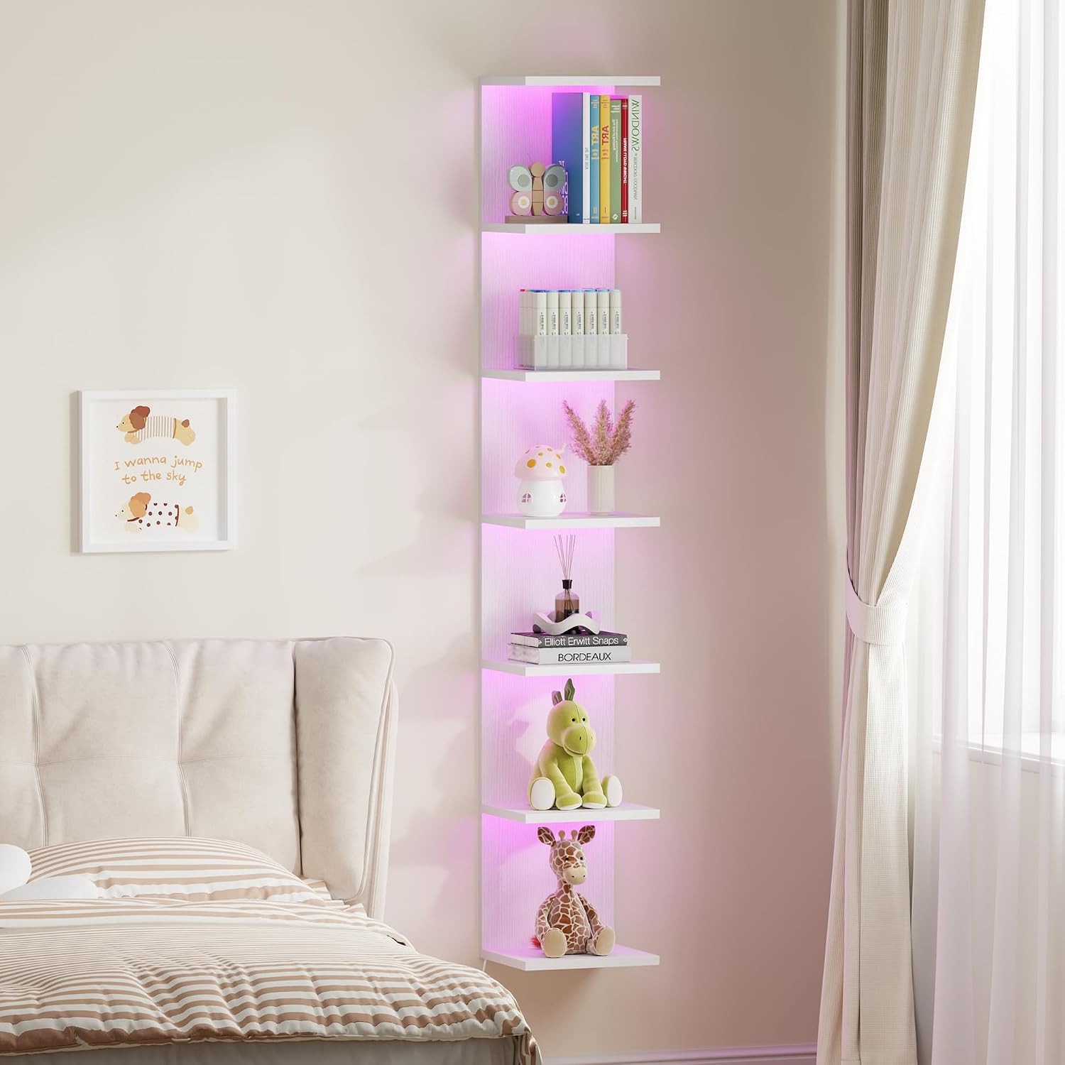 Qupui 7 Tier Wall Shelf with LED Light, 57 Inch Floating, White | RGB 22 Modes, 6 Brightness. Remote Included. Waterproof Engineered Wood. For Bedroom, Living Room, Game Room. 57x9.3x7.8 in