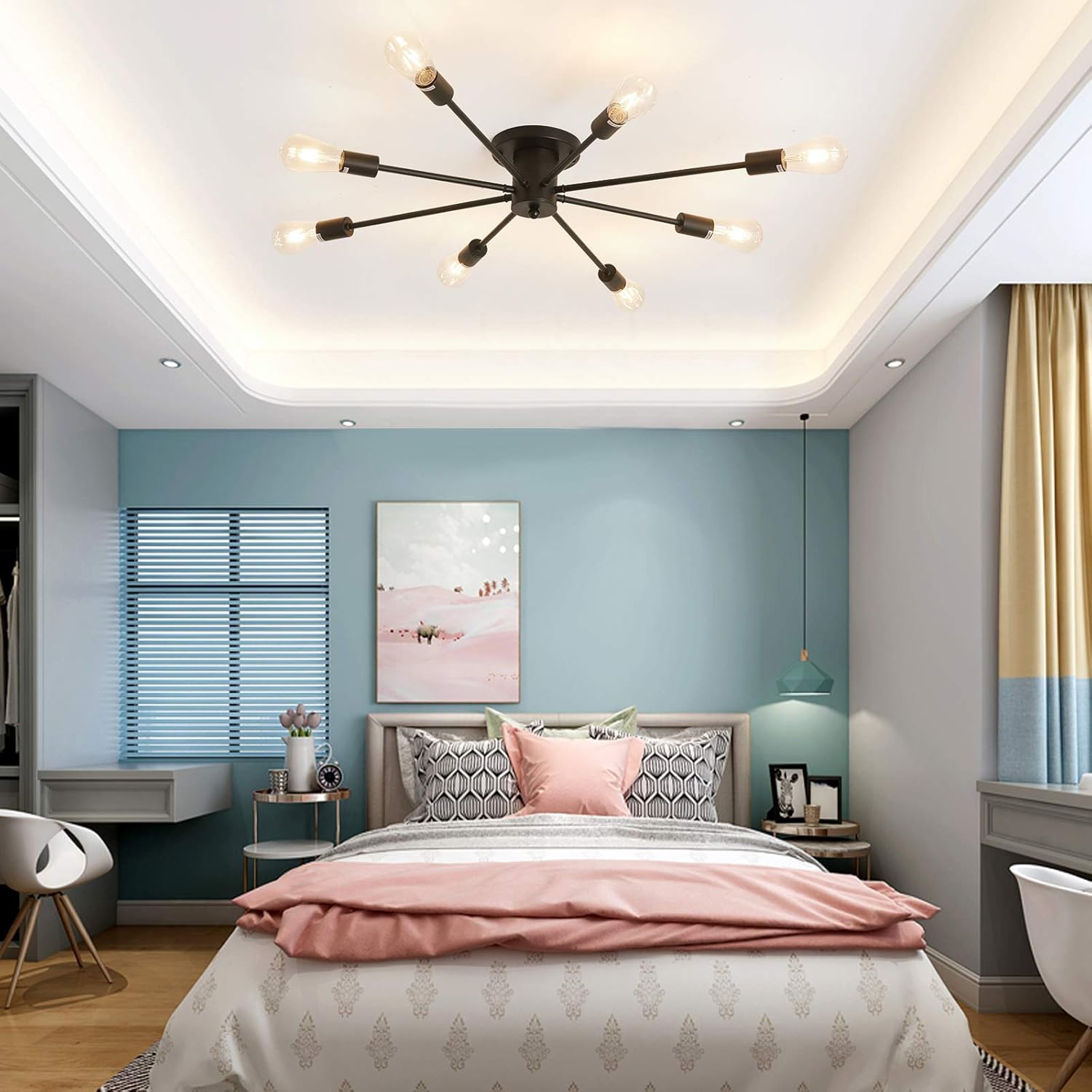 Suреr Chеар 🛒 8-Lights Ceiling Light ,Metal Semi Flush Mount Chandelier, Ceiling Lamp for Dining Room Bedroom Kitchen Living Room Foyer Hallway（Black）.