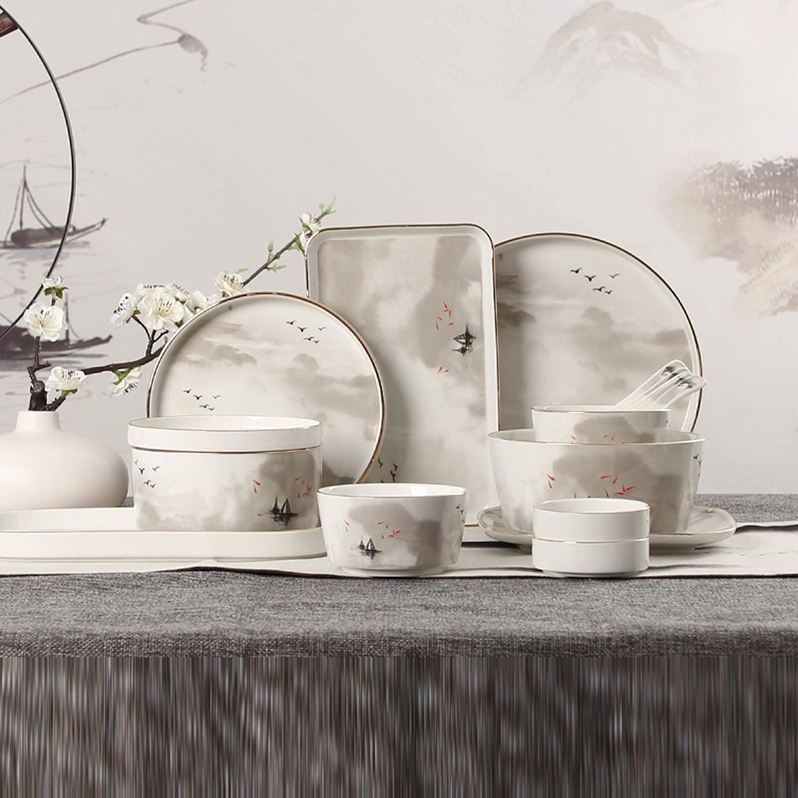 Klasyczna zastawa stołowa z ceramiki, zestaw naczyń ceramicznych, porcelanowy zestaw obiadowy z obrazem pejzażowym 48 szt. | Zestaw misek do płatków śniadaniowych i talerzy do steków
