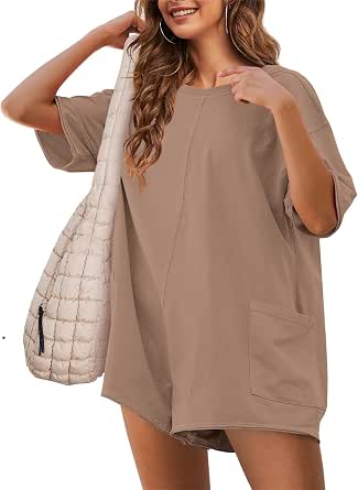 NILOINE Women's Oversized Romper - Reversible Short Sleeve Jumpsuit With Pockets, Summer Loungewear