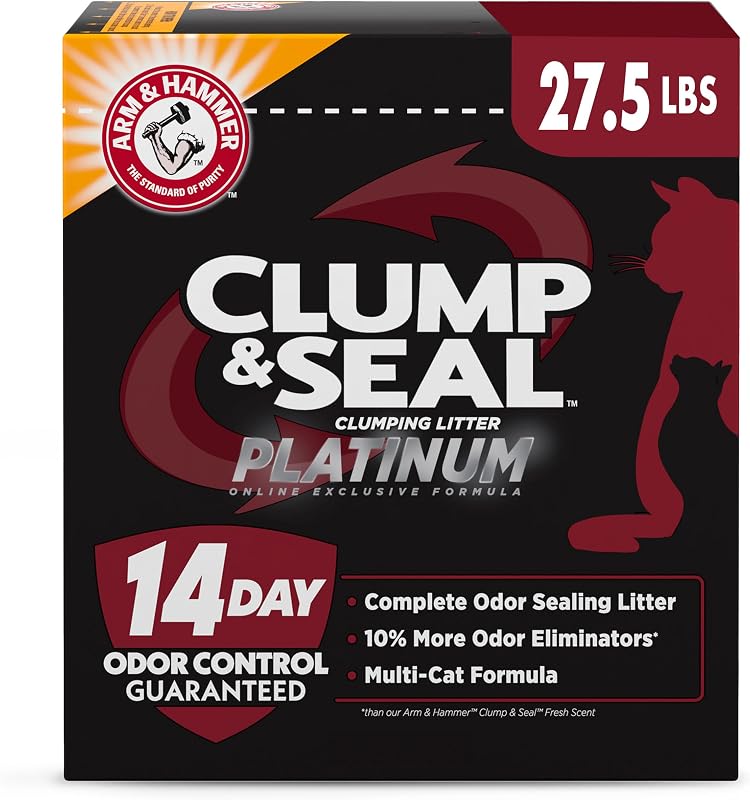 Arena aglomerante para gatos ARM & HAMMER Clump & Seal Platinum, exclusiva, 27,5 libras | Arena aglomerante, grumos duros como piedras, eliminadores de olores de bicarbonato de sodio, control de olores durante 14 días