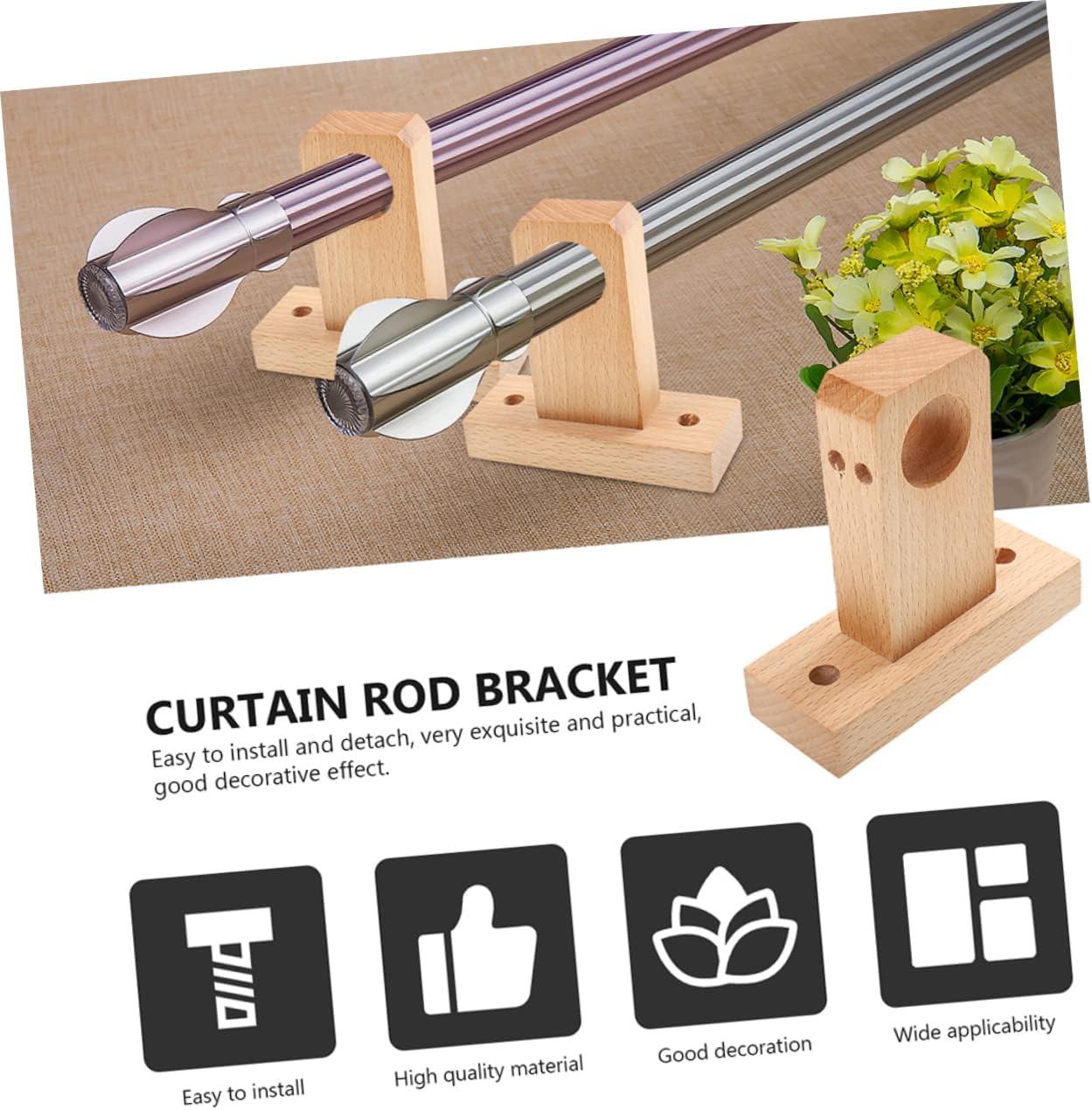 GARVALON 2pcs Wooden Curtain Rod Brackets Wall Mount Holders Hooks for Drapery Rods Easy Installation