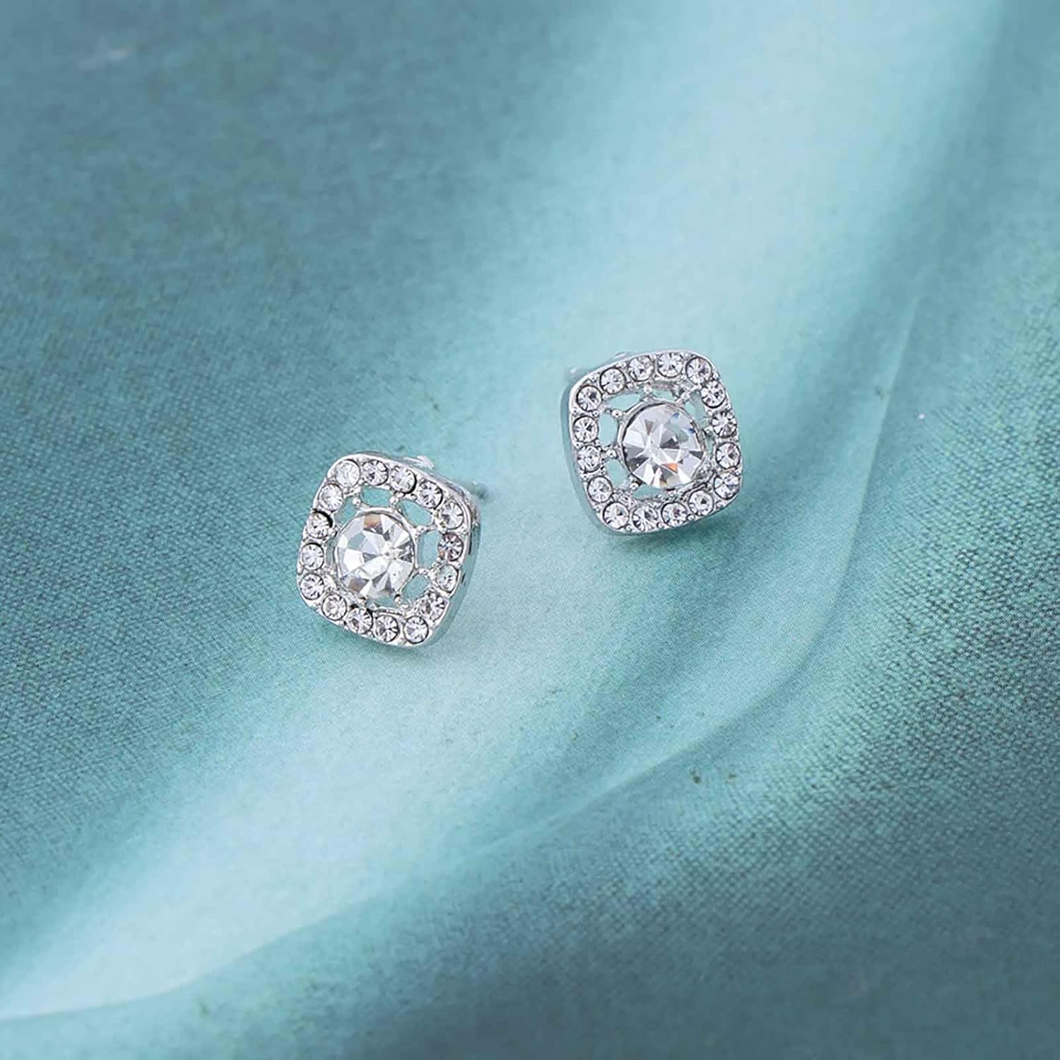 Vintage Square Cubic Zirconia Earrings Round Crystal Stud Earrings Silver Square Halo Earrings Pave Rhinestones Earrings Sparkle Halo Crystal Earrings Jewelry for Women - Image 3
