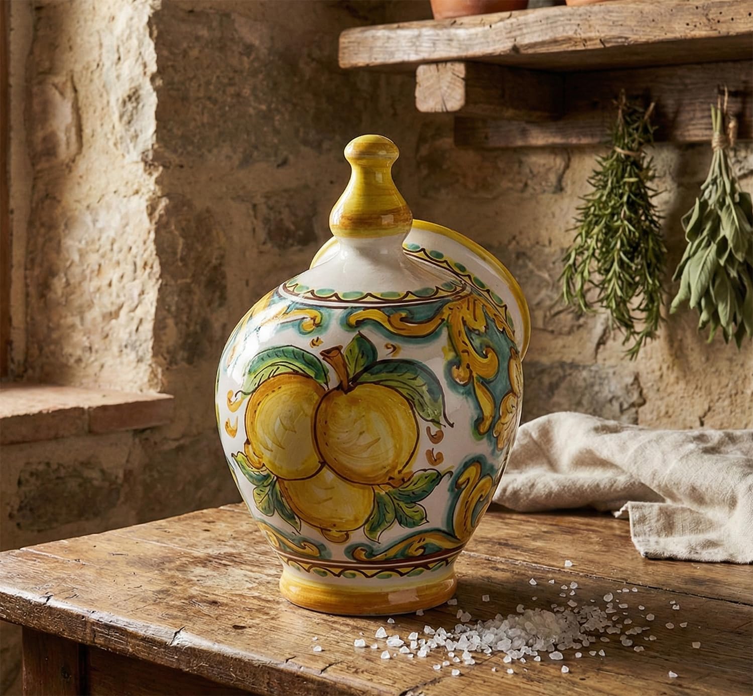 Saliera in ceramica decorata a mano da ceramisti siciliani di Santo Stefano di Camastra limoni art 15