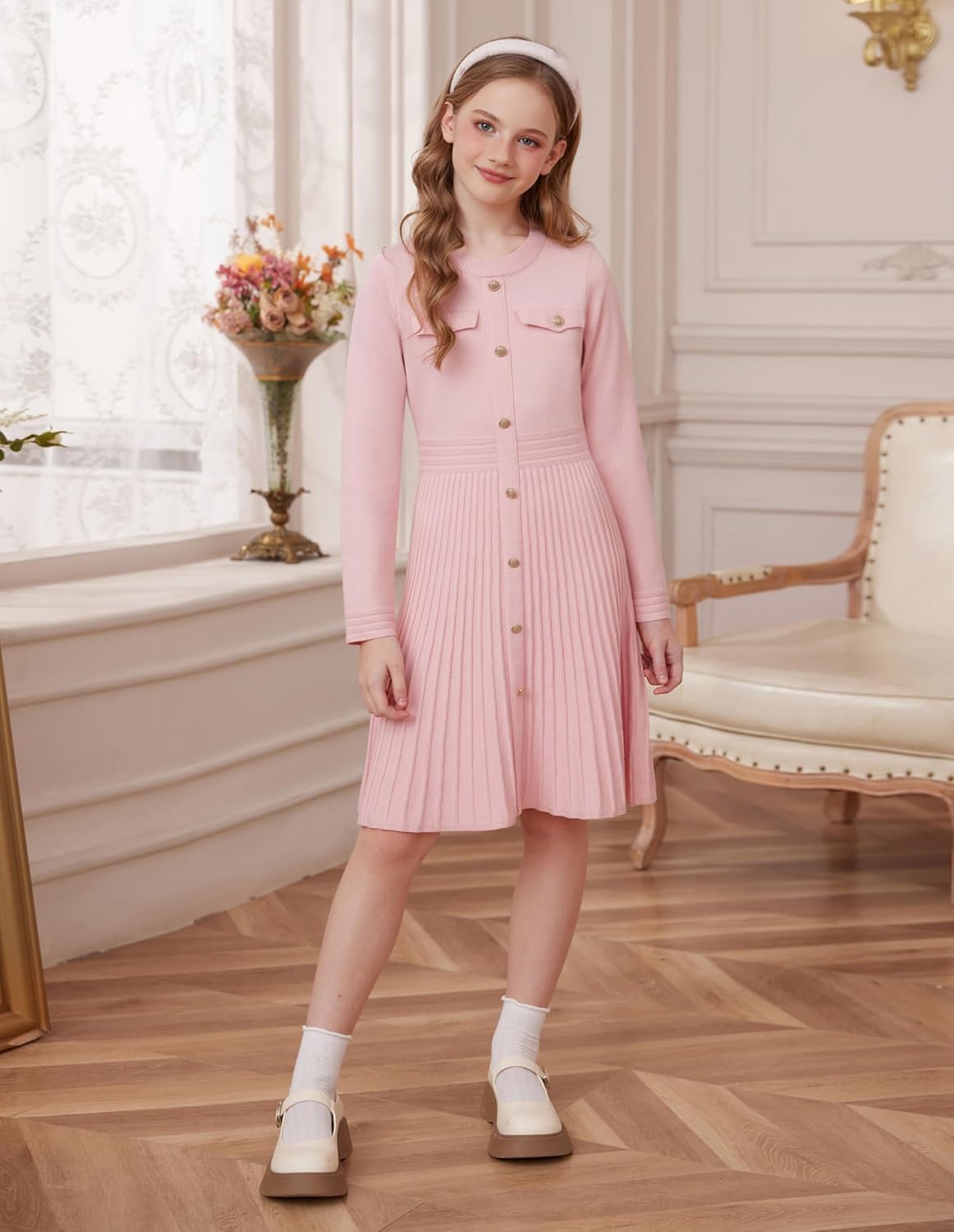 GRACE KARIN Girls Sweater Fall Dress Long Sleeve Knit Button Front Pleated A-Line Casual Winter Midi Dresses 5-14Y - Image 6
