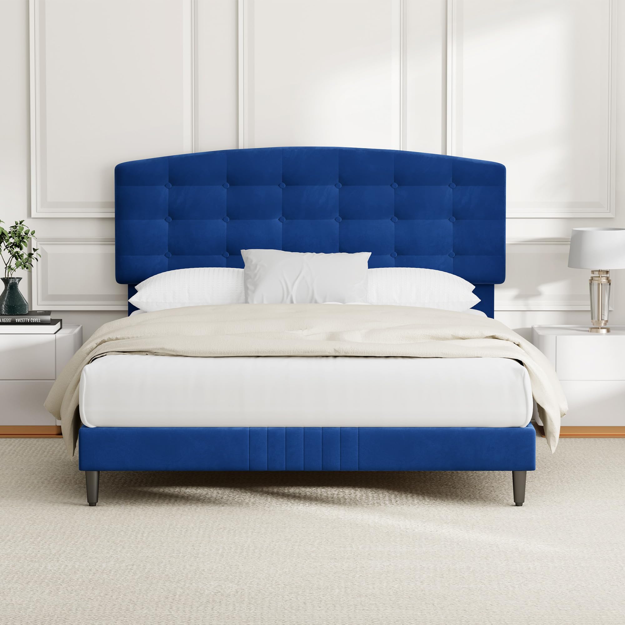 CozyLiving Super King Upholstered Bed Frame with Cozy Button Tufted Headboard & Adjustable Height, Wood Slat Support, No Box Spring Needed - CHEYENNE (Blue)