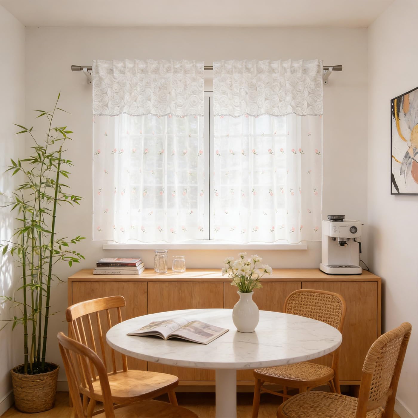 White 3D Raised Floral Sheer Curtains 63 Inch, Ditsy Floral Embroidery Patchwork Voile Curtains, Rod Pocket Window Treatments for Bedroom Living Room, 52" W x 63" L, Set of 2 Panels