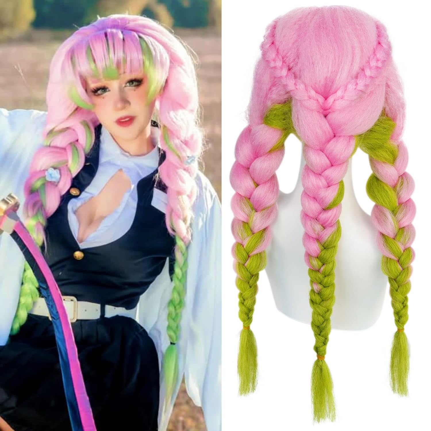 ANOGOL Hair Cap+ Long Pink Green Ombre Wig with 3 Braids Womens Pink Mixed Green Braided Wig for Anime Cosplay Synthetic Hair Women Girls Comic Cartoon Costume Party Wigs for Halloween Christmas