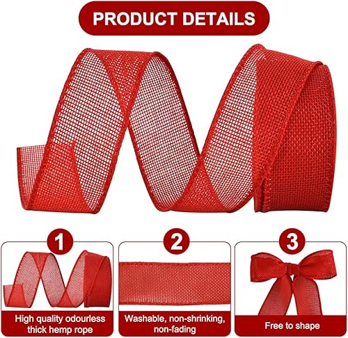 Miniatura 3 de TONIFUL Cinta de arpillera roja con alambre, cinta de yute de 1 12 pulgadas de 10 yardas para decoración de arcos, adornos de árboles, cintas para