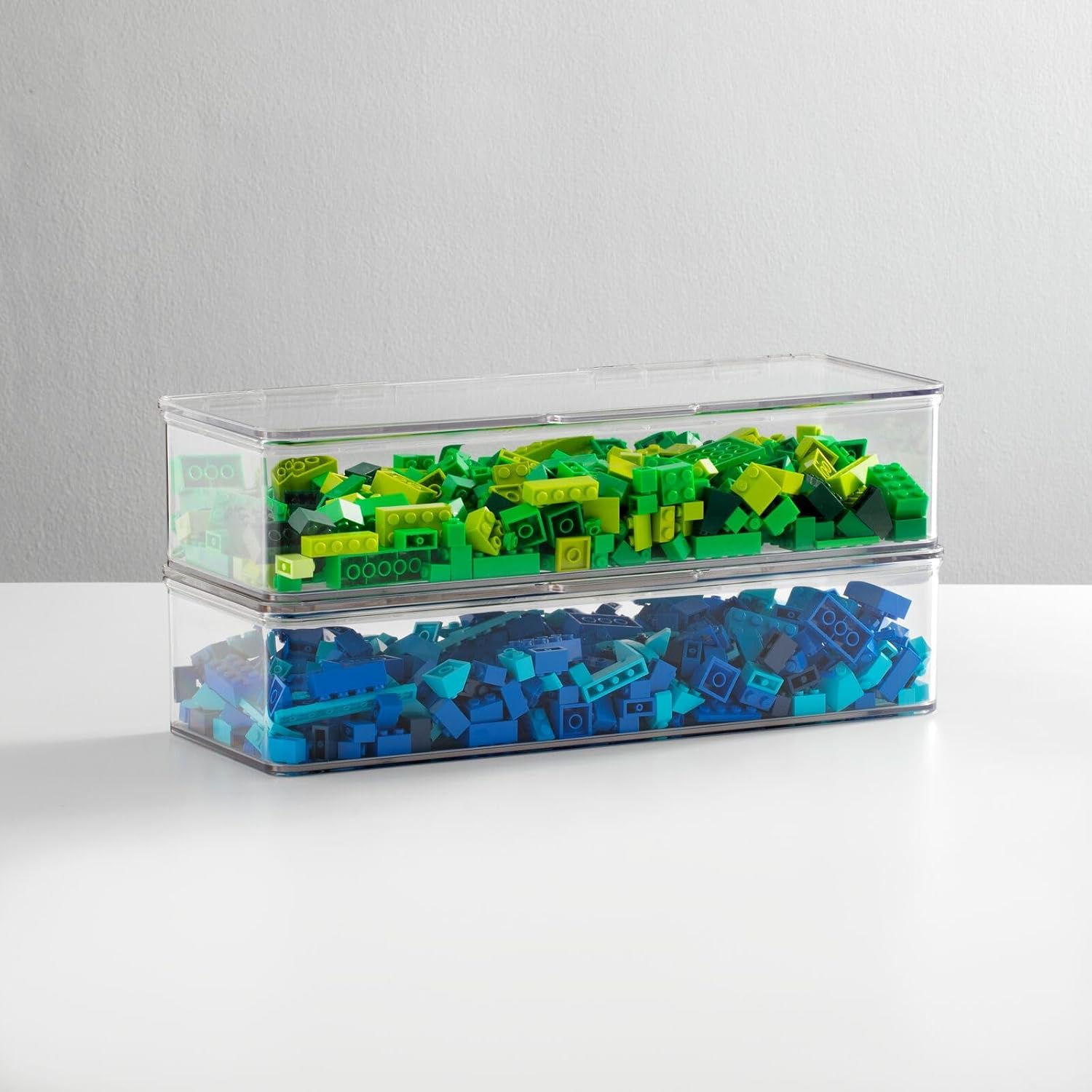 mDesign Plastic Stackable Toy Storage Bin Container Box with Hinge Lid for Organizing Living Room, Play Room, Bedroom, Nursery, Hold Blocks, Puzzles, Books, Lumiere Collection, 2 Pack - Clear