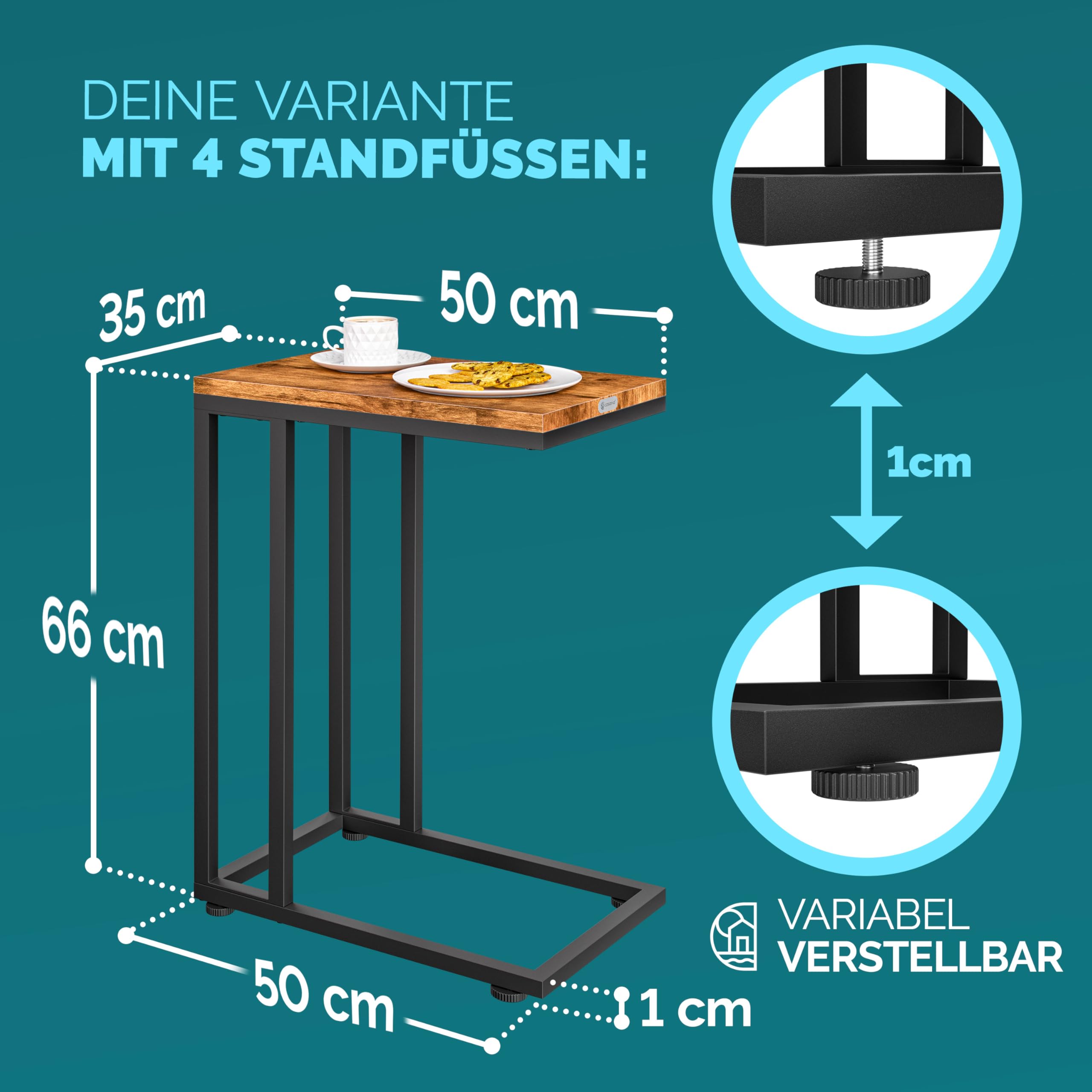 Casaria® Beistelltisch Holz Couch Schwarz 40kg Belastbarkeit 70cm Hoch 50x35cm Tisch Klein mit Rollen Laptop Kaffeetisch C Form Wohnzimmer Nachttisch Gestell aus Metall