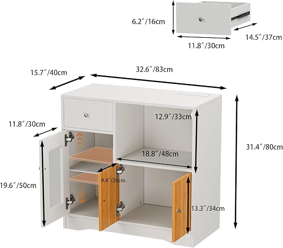 Kitchen Cupboard with Power Socket, LED Lights and Microwave Counter, White Sideboard Kitchen Storage Cabinet for Kitchen, Living Room, Dining 83 x 40 x 80 cm