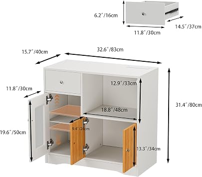 Kitchen Cupboard with Power Socket, LED Lights and Microwave Counter, White Sideboard Kitchen Storage Cabinet for Kitchen, Living Room, Dining 83 x 40 x 80 cm