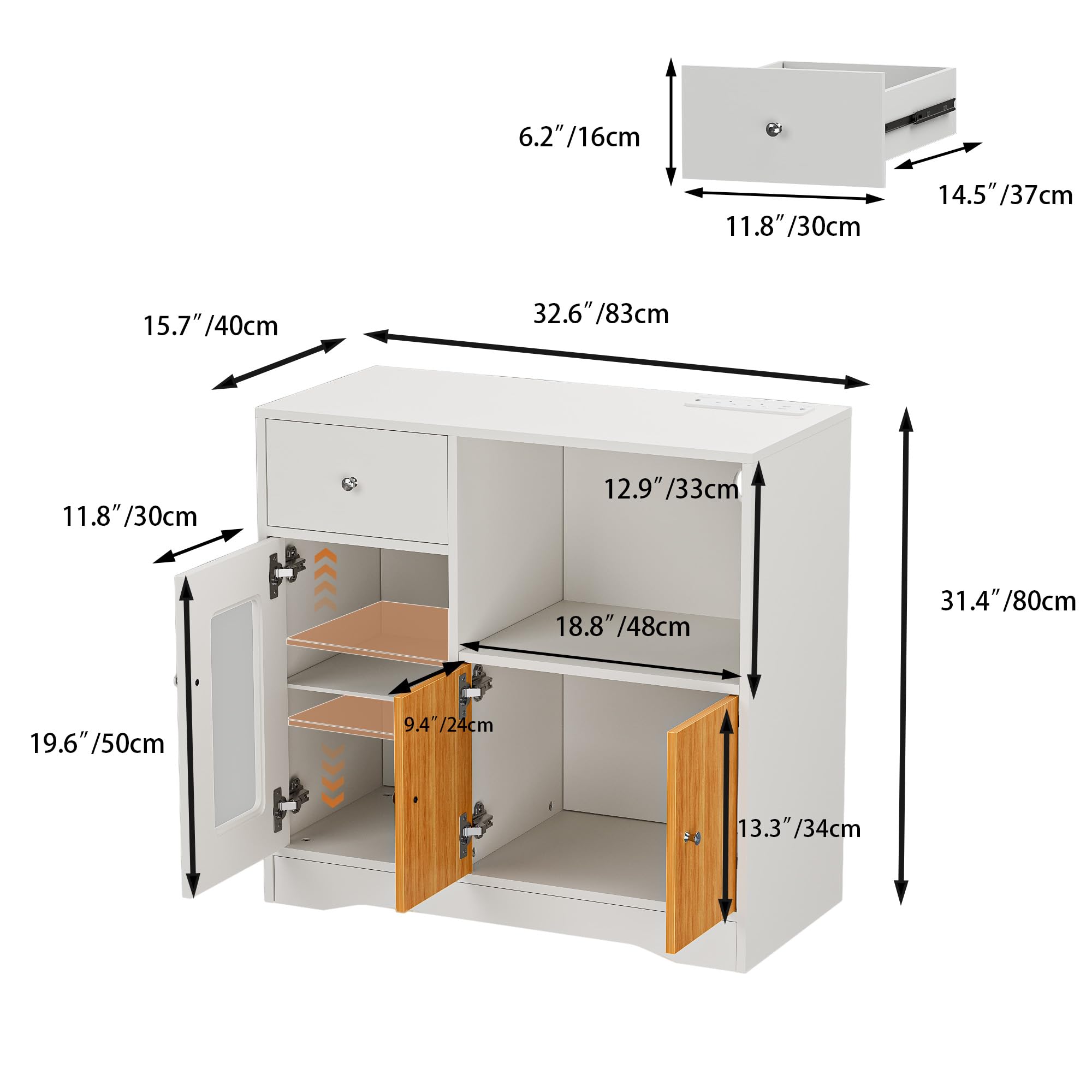 Küchenschrank mit mit RGB LED & 2AC/2USB, Buffetschrank mit Mikrowellenregal & Verstellbaren Ablagen, Sideboard mit Arbeitsplatte & Schubladen für Wohnzimmer Küche (83x40x80cm,Braun und Weiß）