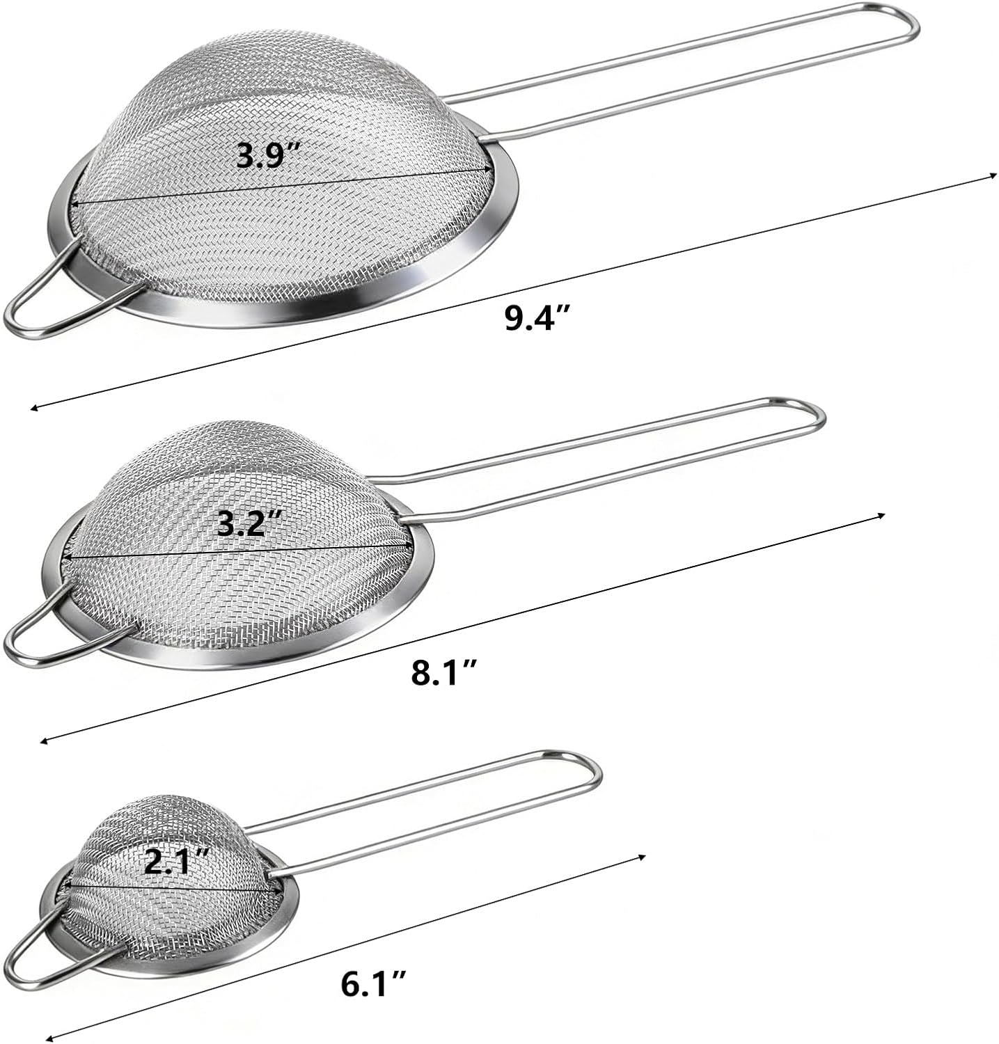 3 Pcs Fine Mesh Strainers with Handle, Stainless Steel Sifter Metal Strainer Set, Small Mini Sieve for Kitchen, Tea, Cocktail, Juice Coffee