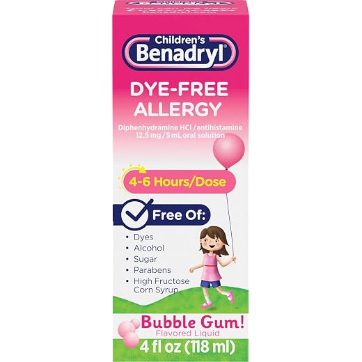 Children's Benadryl Dye-Free Allergy Relief Liquid + 12.5 mg Diphenhydramine HCl, Antihistamine Allergy Medicine for Kids Helps Relieve Runny Nose & Sneezing, Bubble Gum Flavor, 4 fl. oz