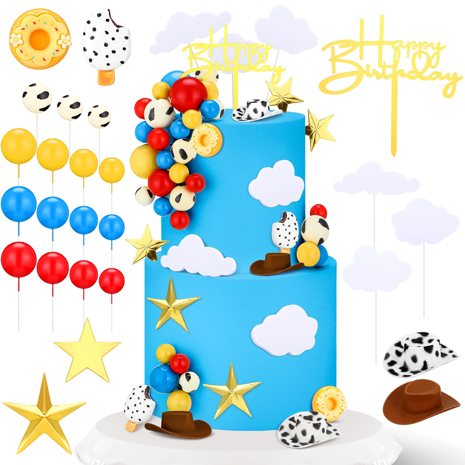 GlikCeil 57 Pcs Cartoon Cake Topper Kit Cow Birthday Party Decorations Red Blue and Yellow Cake Toppers Cow Baby Shower Supplies for Cupcake Party