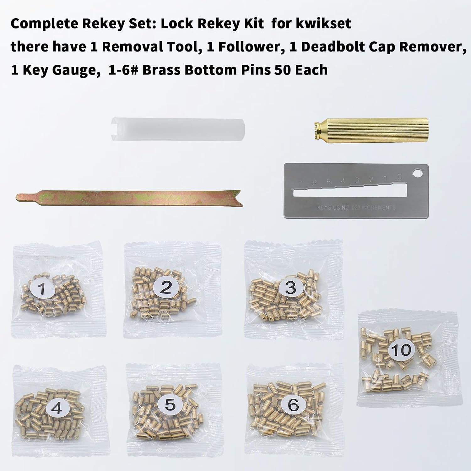 Rekey Kit for Kwikset with 1-6# Brass Bottom Pins 50 Each | Complete 4-Tool DIY Set for Home Door Lock Rekeying