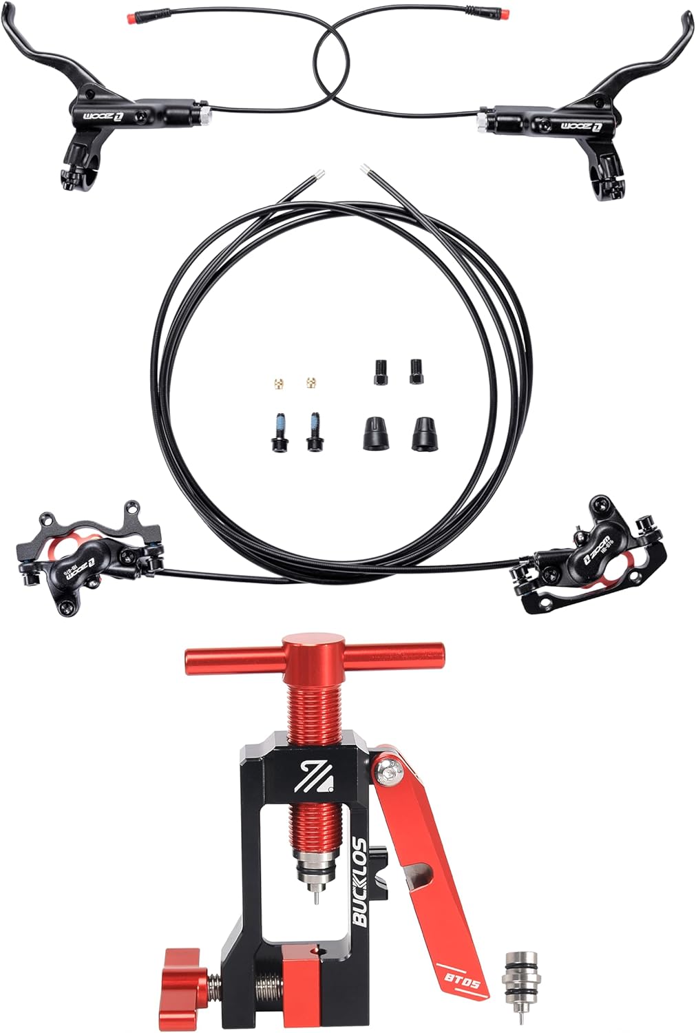 BUCKLOS Zoom H876E 2-PIN 4 Pistons E-Bike Electric Power Off Hydraulic Disc Brake Set and 2 in 1 Needle Driver Insertion Tool with Mineral Hose Cutting Tools