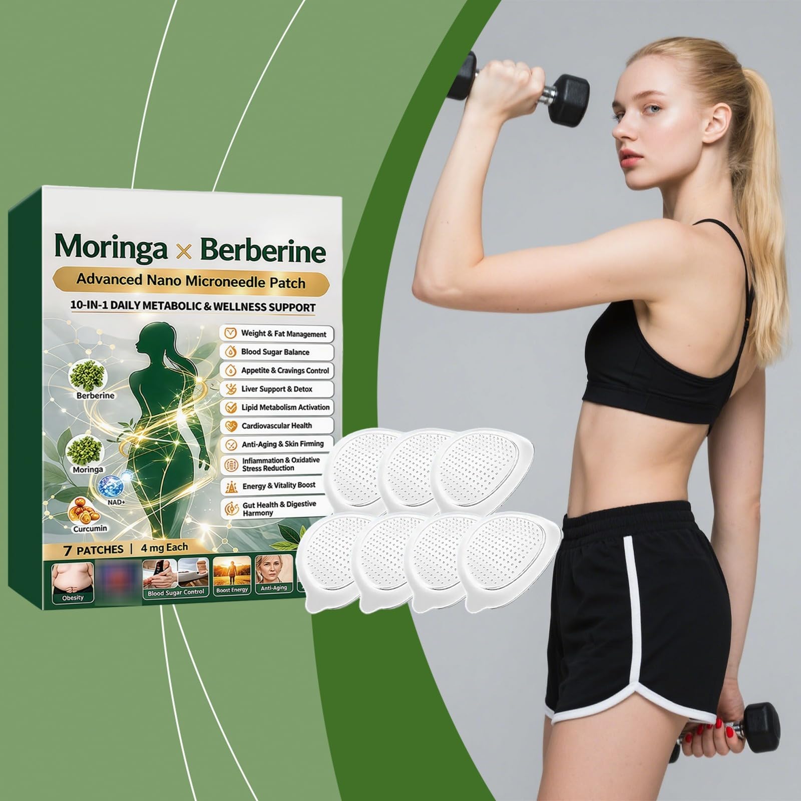Moringa Plaster 10-IN-1, Moringa X Berberine Slimming, 10 w 1 Nano Microneedle, naturalne wyszczuplanie do utraty wagi, płaskich stomach, łatwe w aplikacji, dla mężczyzn i kobiet, naturalne składniki