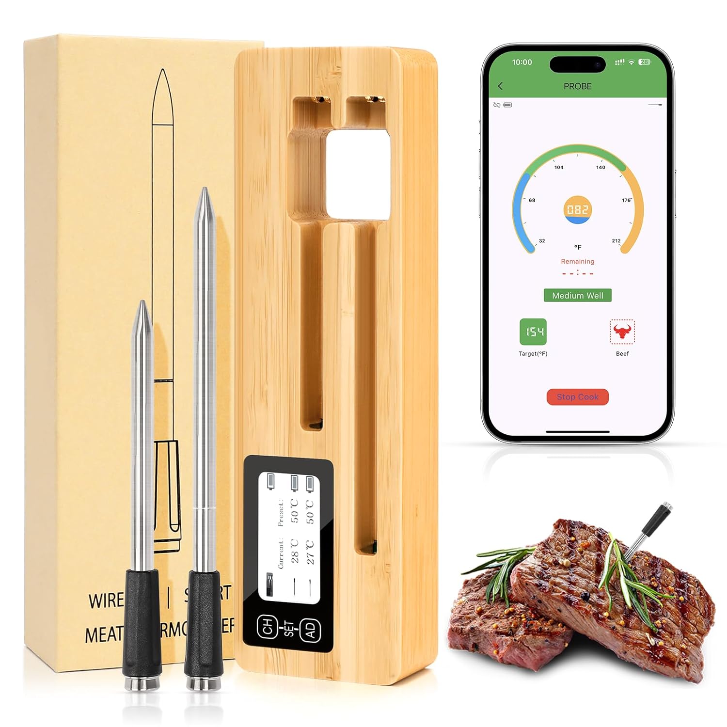 Smart Bluetooth Wireless Meat Thermometer Digital- 600Ft Remote Range, LCD Screen, Ultra-Thin Probe, Waterproof, Multi Sensors Instant Read Thermometer for BBQ, Grill, Oven, Smoker, Kitchen