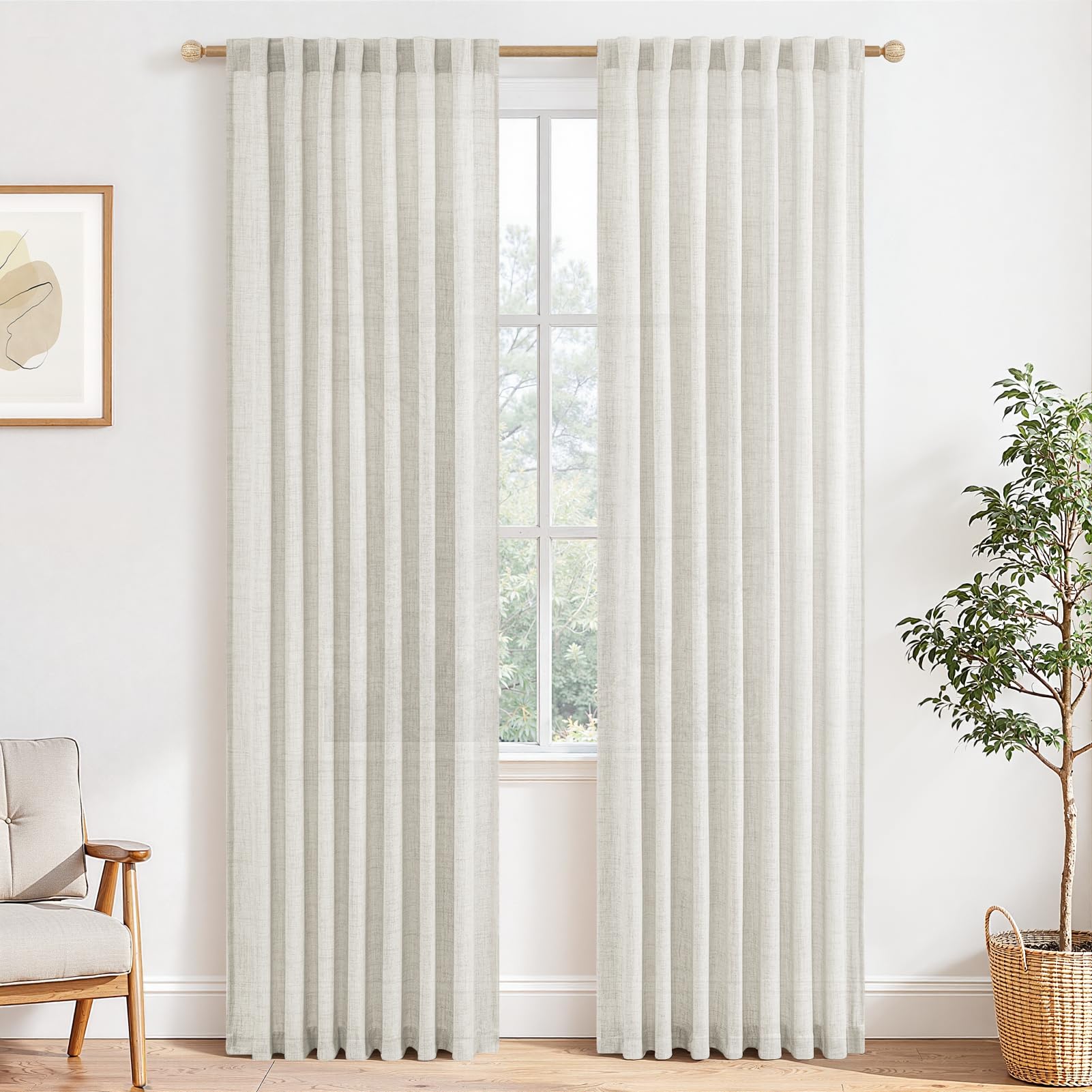 MRTREES Weiße Gardinen Kurz Fenster Küche Modern Gardinenschals 2er Set H 145 X B 140 Cm, Vorhang Leinenoptik Weiss Halbtransparent Für Wohnzimmer Schlafzimmer, Mit Verdeckten Schlaufen