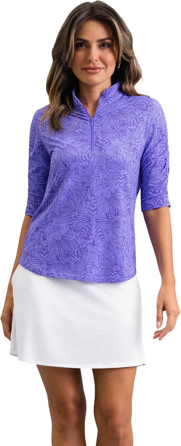 IBKUL Athleisure Wear Sun Protective UPF 50+ Icefil Cooling-Annie Ruched Elbow Sleeve Mandarin Collar Top