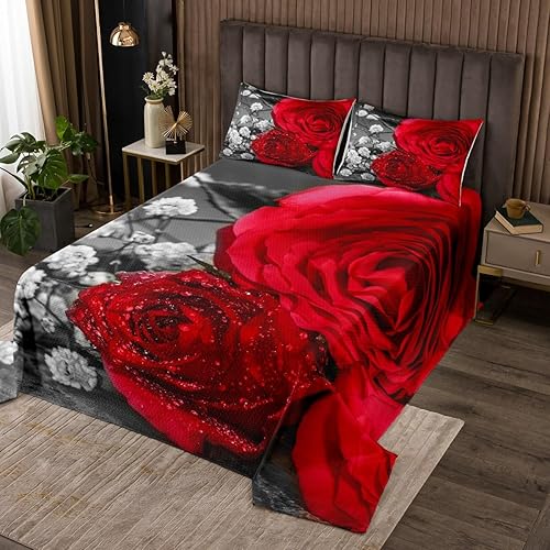 Juego de edredón floral de rosas rojas, tamaño Queen, juego de colcha de flores impresas en 3D, juego de colcha botánica para el día de San
