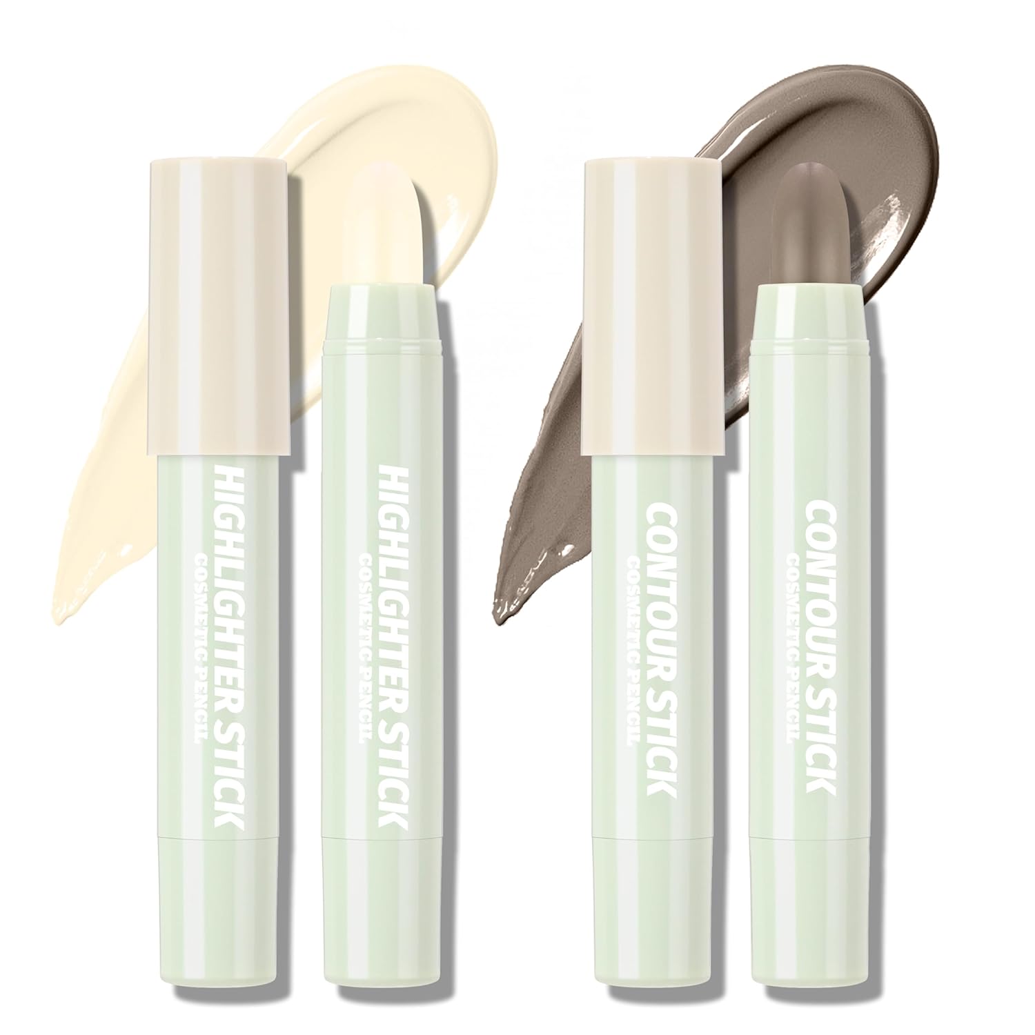 2Pcs Cool Toned Contour Stick Duo Set, Smooth Blendable Cream Highlighter Stick Makeup Kit, Long Wear Waterproof Matte Finish Grey Bronzer Pen, Natural Face Contouring Pen for Sculpt Cheek