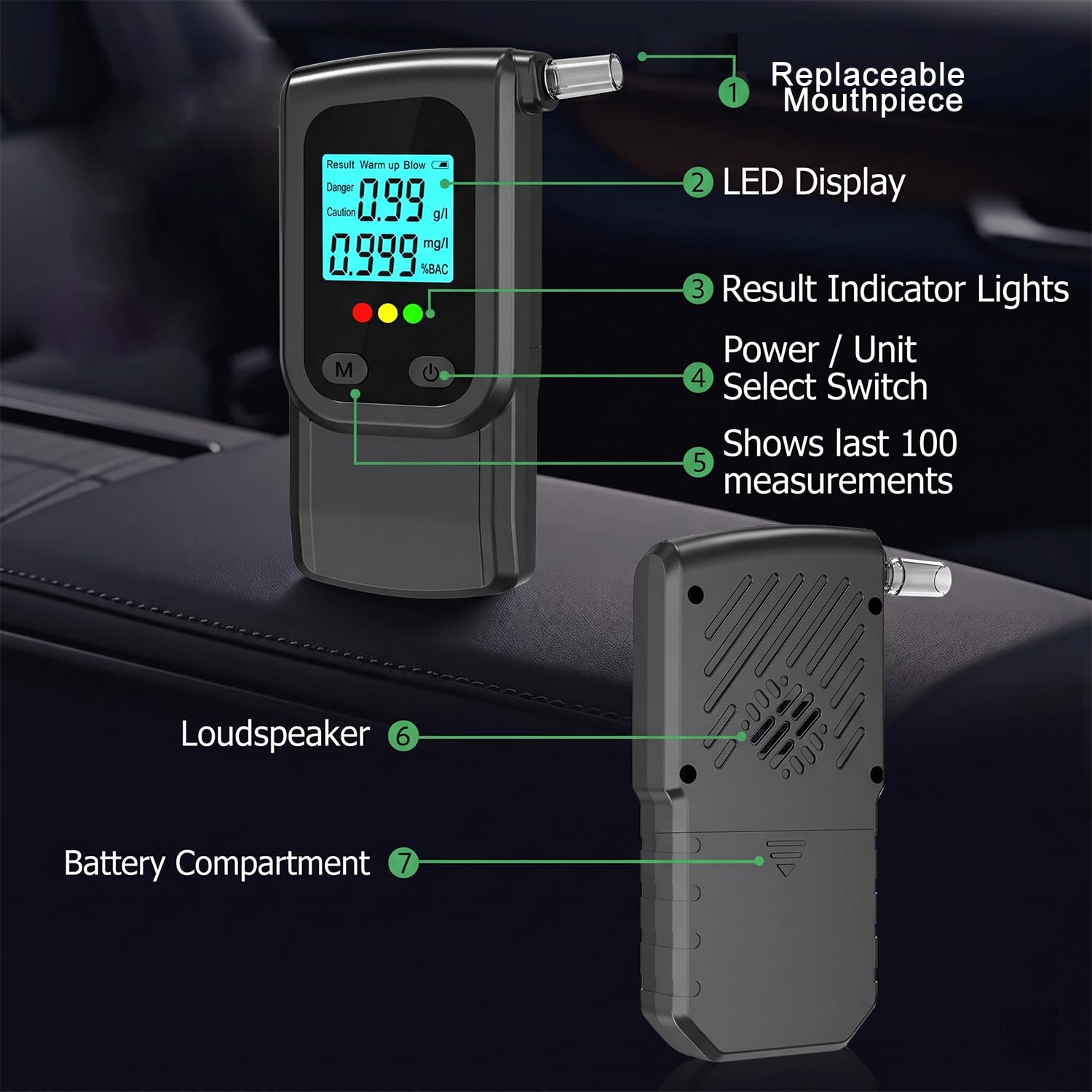 GemCoo ethylotest electronique 3 Secondes avec écran LED, ethylotest Professionnel numérique à Double Mode pour Test Rapide et précision, INCL. 10 Embouts