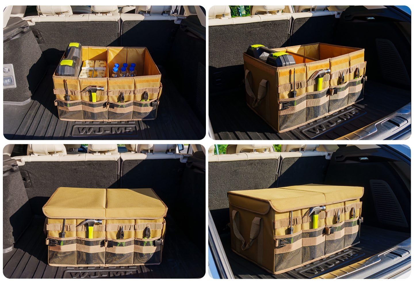 Großer 70 l SUV-Kofferraum-Organizer, Kofferraum-Organizer mit Deckel, faltbare Cargo-Aufbewahrungsbox, braun, 4 Fächer mit Griff, universell für Auto, Limousine, LKW, Camping