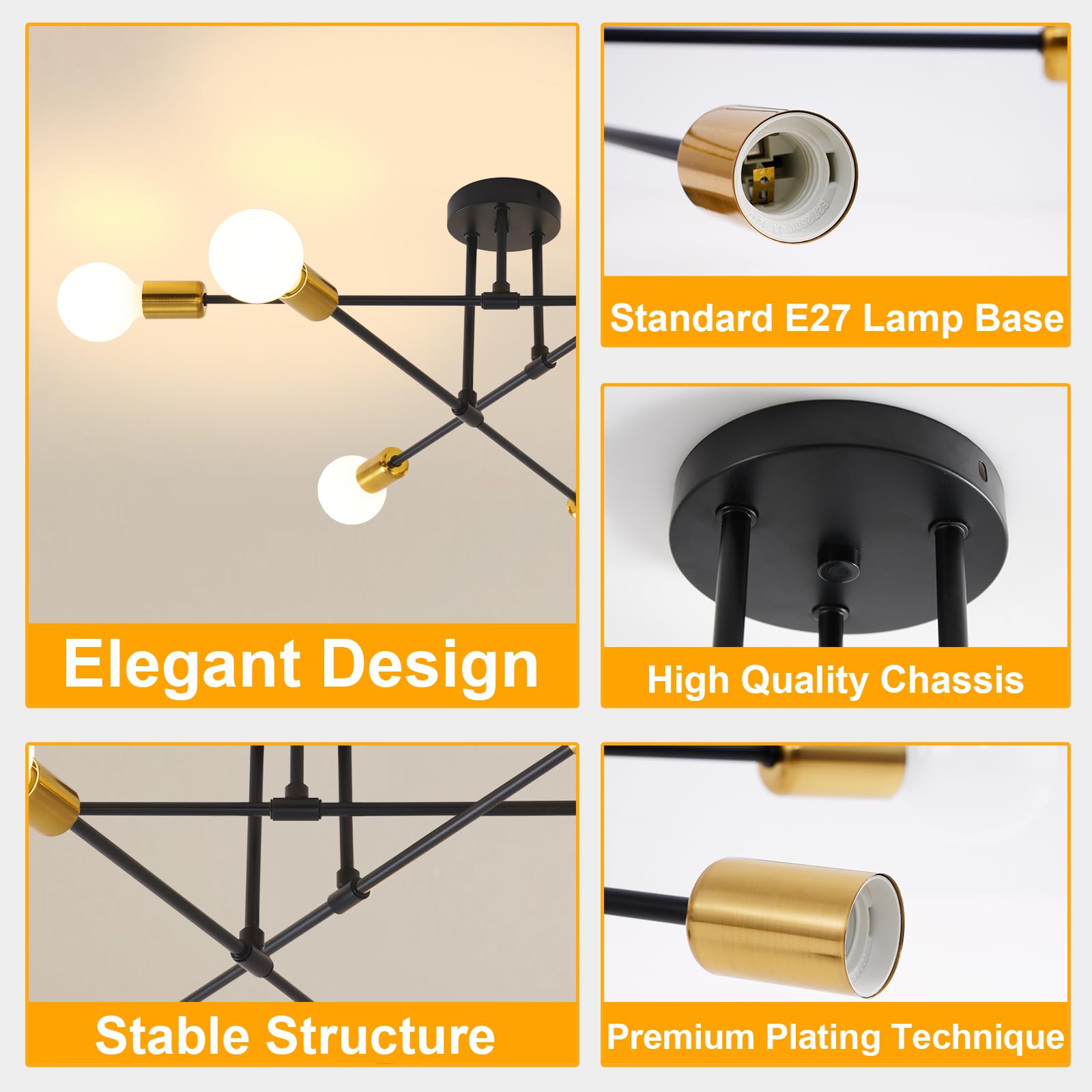 Plafonnier 6 ampoules 60 W - Culot E27 - Lustre rétro Sputnik - Plafonnier pour chambre à coucher, salon, cuisine - Ampoules non incluses
