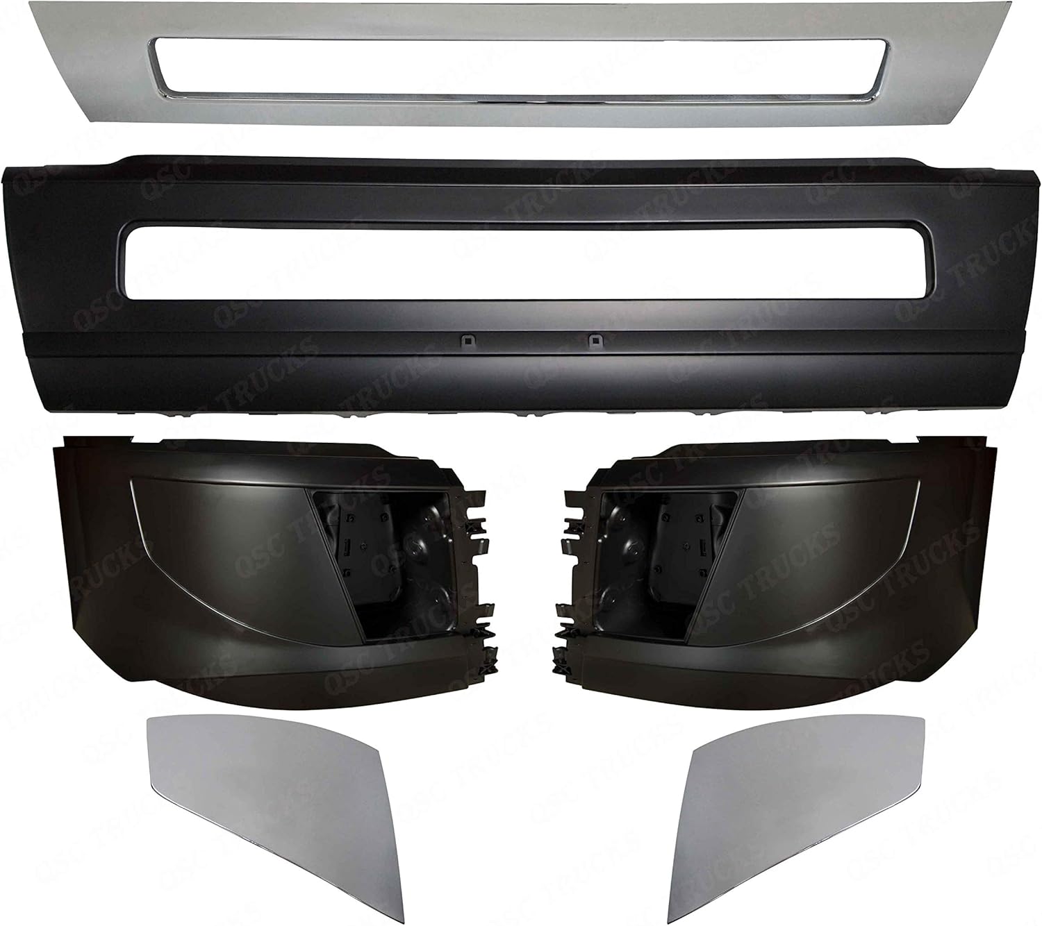 QSC Truck Parts Bumper Set w/Chrome Trim Center Corners LH RH compatible with Volvo Truck VNL 2016 & Up