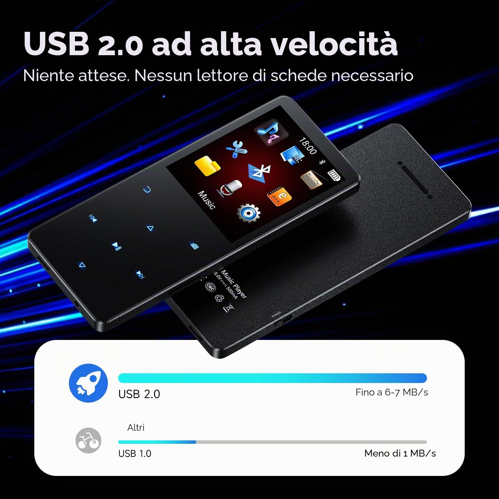 Lettore MP3 da 64 GB con Bluetooth 5.3, lettore musicale portatile con altoparlante integrato, lettore audio digitale per sport con funzione vocale, radio FM, supporta schede di memoria fino a 128 GB