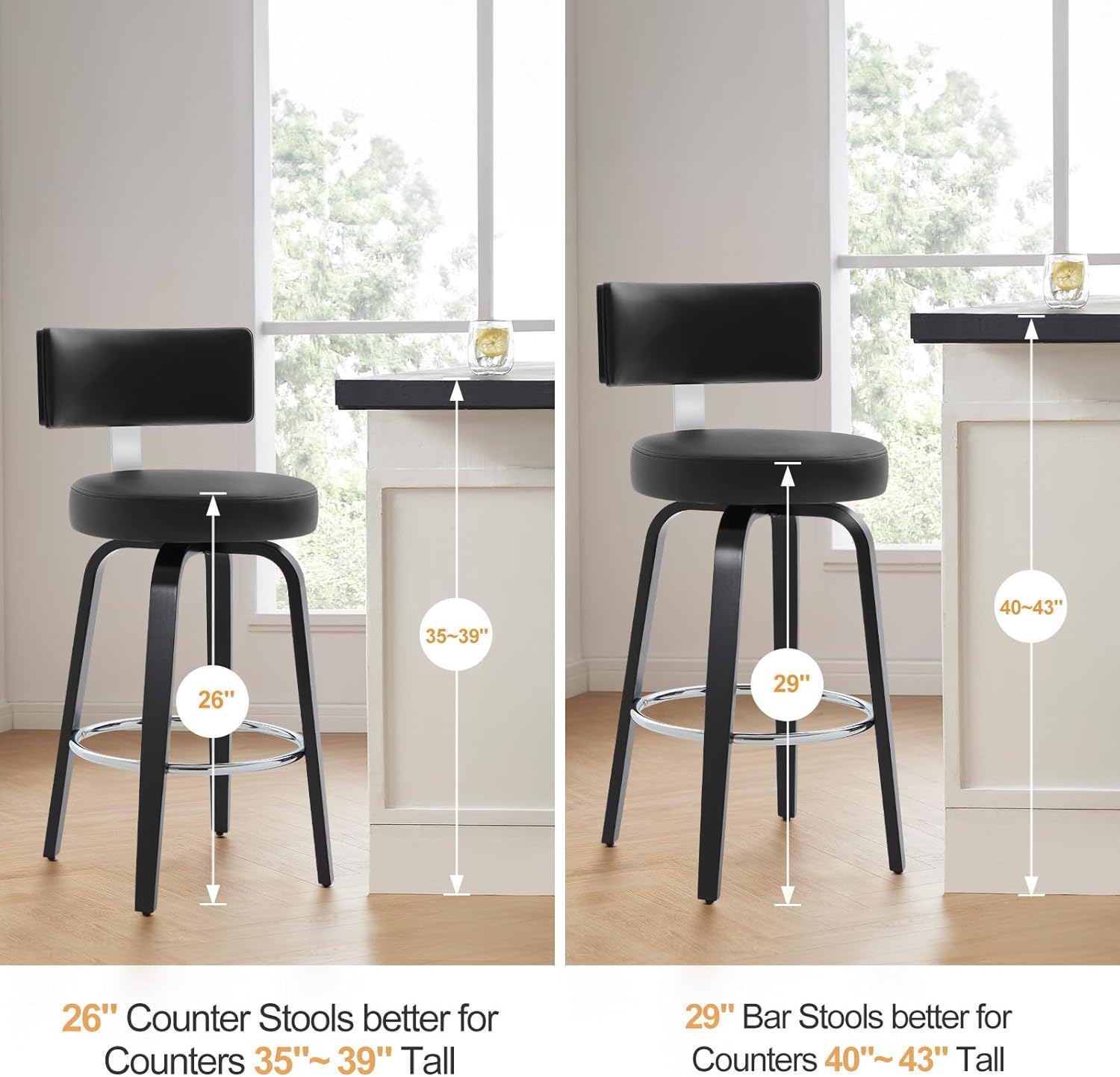 Bekrvio Swivel Counter Height Bar Stools Set of 3, 26” Seat Height Island Chairs Modern Kitchen Stools for Kitchen Counter, Faux Leather Upholstered Barstools with Back, Black Wood Legs and Black Seat