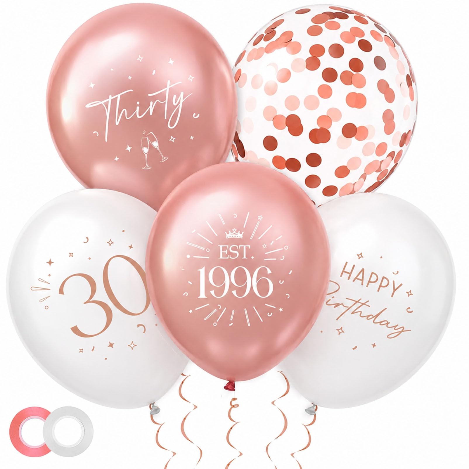30th Birthday Balloons Decorations - 30 Pack Rose Gold Birthday Decorations for Women - Thirty Birthday Latex Confetti Balloons with Ribbon for 30 Year Old Women Anniversary Party Celebration