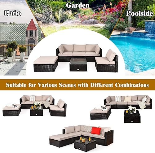 Vista 24 de Tangkula Juego de muebles de patio de 6 piezas, cubierta al aire libre, césped, patio trasero, marco de acero duradero, juego de sofá seccional