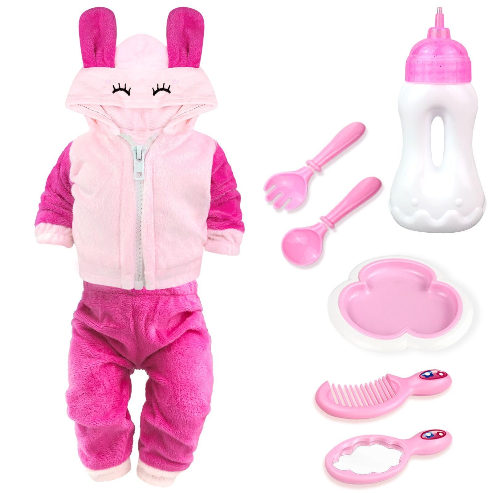 Baby Puppe Zubehör -Babypuppe Fütterung und Pflege Set mit Flasche Puppenmantel und Hosen für Mädchen Spielzeug Geschenk, Puppenzubehör Puppenkleidung passen 14-16 Zoll 18 Zoll und 43 cm Puppe