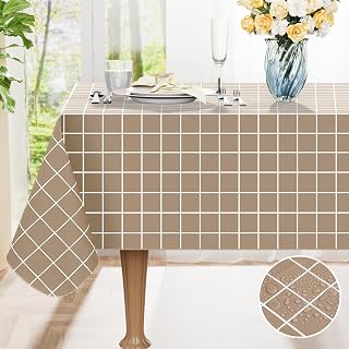 Rectangle Table Cloth, Waterproof Vinyl Tablecloths with Flannel Backing, Wipeable Plastic Plaid Table Cover for Dining, Picnic, Indoor and Outdoor (60" x 84", Khaki)