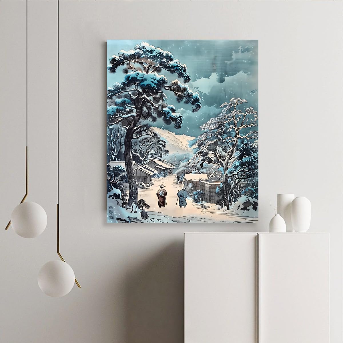 Via Vela Paysage traditionnel hivernal japonais Art mural mural Fresque de village enneigé Œuvre orientale Affiche pour décoration de buanderie 90x120cm