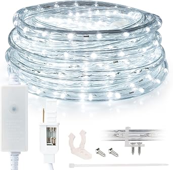 76LEDs, 10ft LED Cool White Rope Light w/ 8 Mode Controller, Flickering, Fading, Pulsing, Outdoor Waterproof Extendable PVC Tube, Holiday Accent Lighting Backyard, Patio