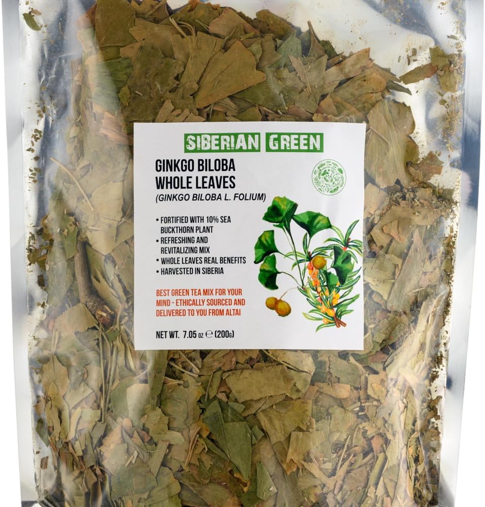 Siberian Green Ginkgo Biloba Cut and Sifted Loose Leaves 200g (7.06 oz) Tea with Sea Buckthorn Leaves