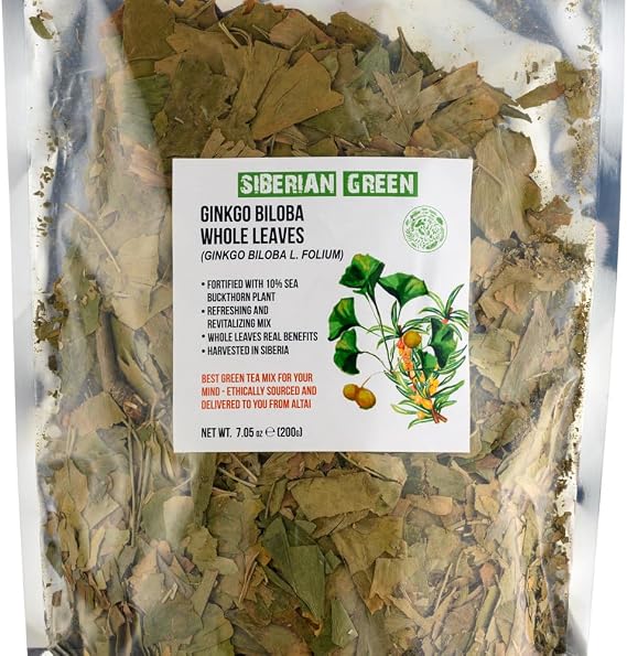 Siberian Green Ginkgo Biloba Cut and Sifted Leaf 200g (7.06 oz) Loose Tea with Sea Buckthorn Leaves